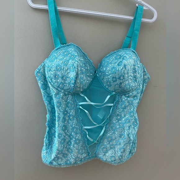 [2X]Delta Burke Elegant Lace Corset Basques Bustier in Torquase Sheer - Picture 1 of 7